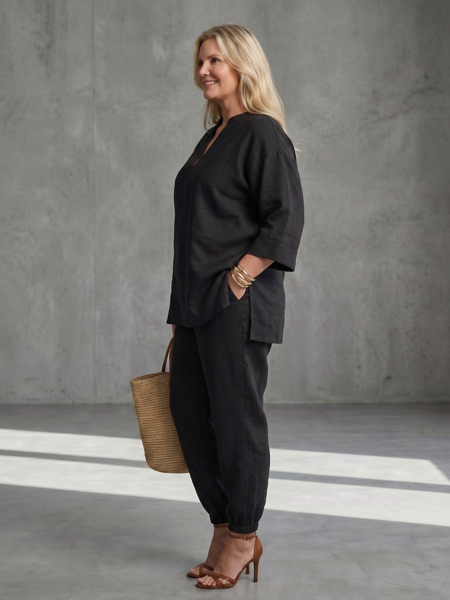 Georgiana | V Neck Tunic Gathered Trouser Set - Plus size model