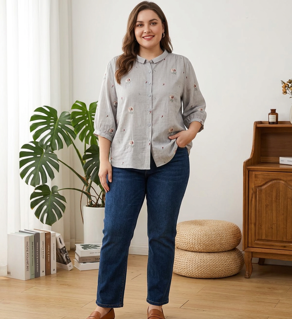 Chloe - Cotton Floral Embroidered Comfortable Shirt - Plus size model