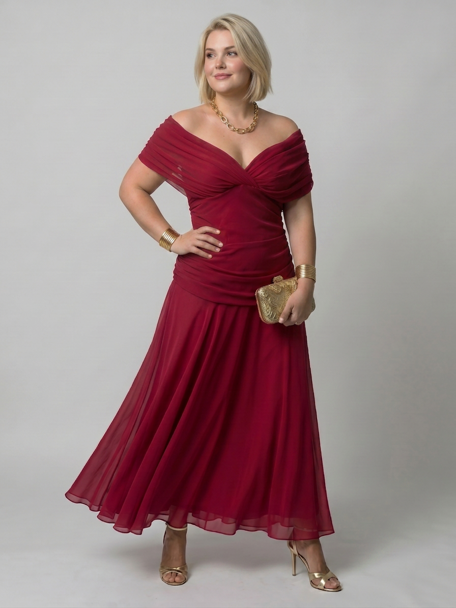 Calen | Off Shoulder Flow Midi Dress - Plus size model