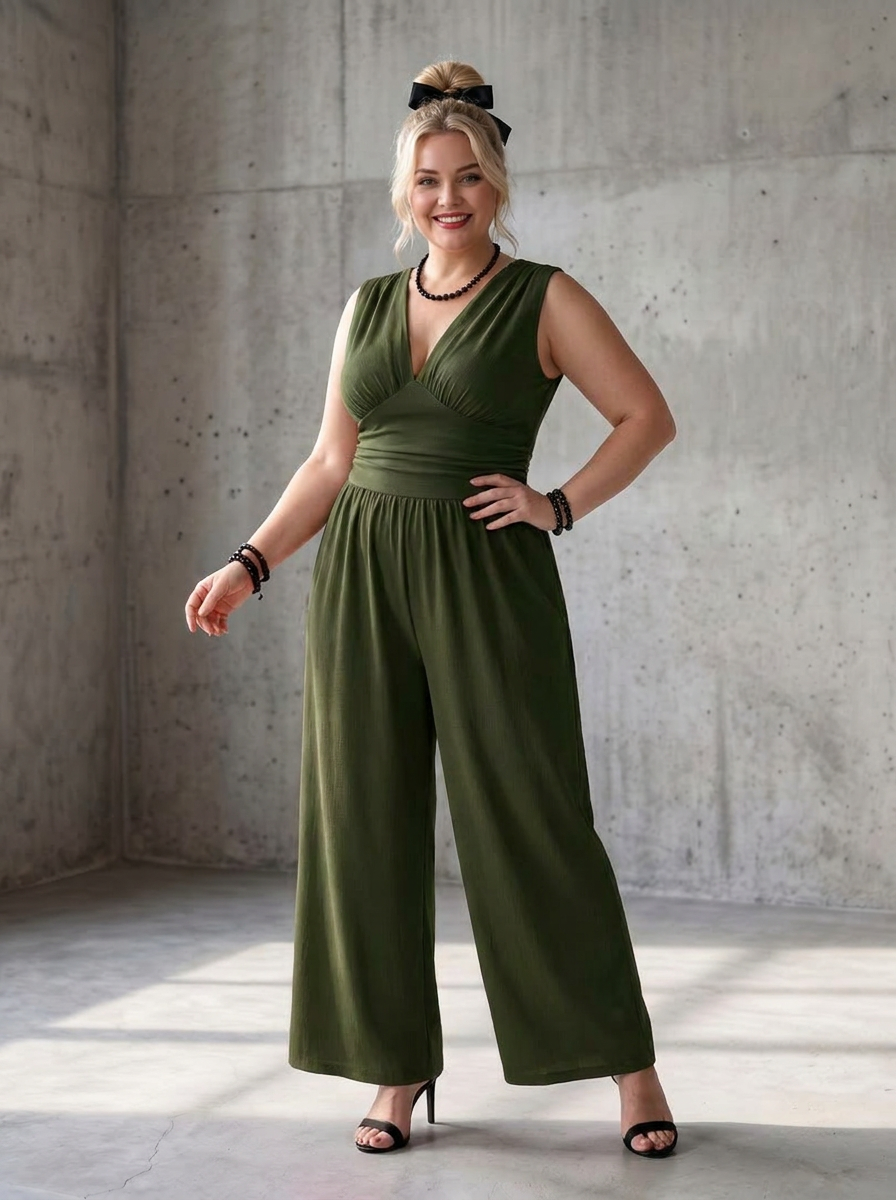 Vincenza | Deep V Waist Defined Wide Leg Jumpsuit - Plus size model