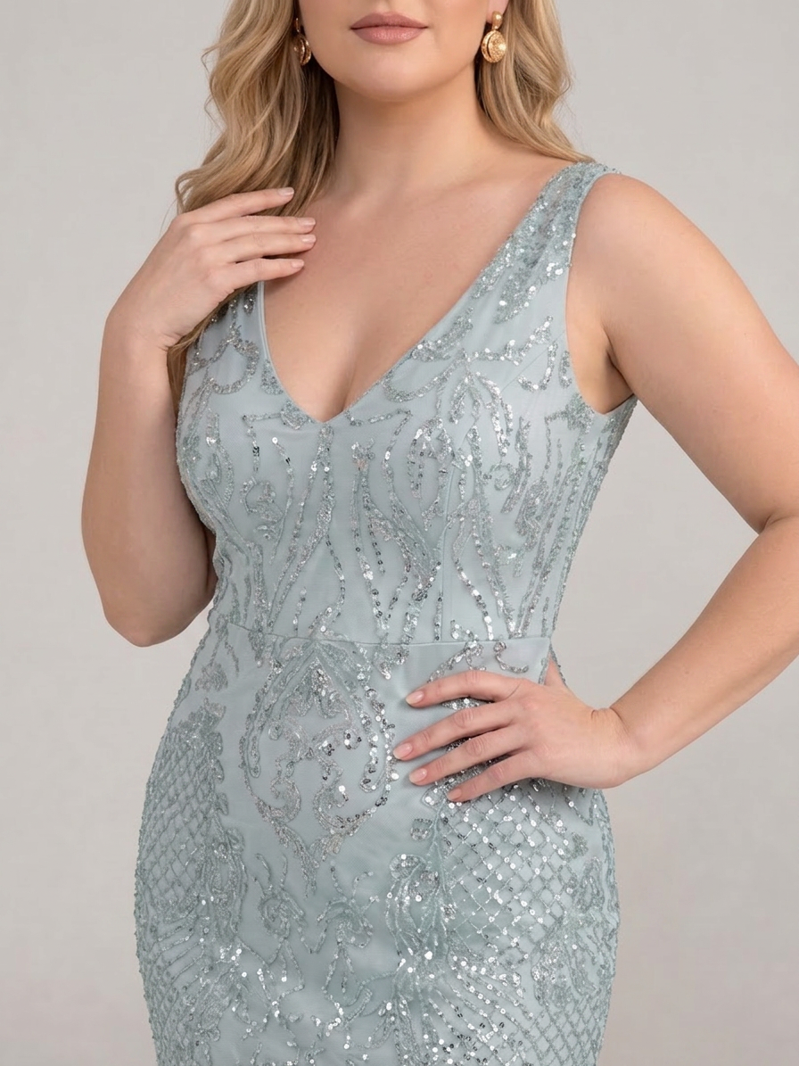 Sirea | Sequin Sleeveless Sheer Panel Midi Dress - Plus size model