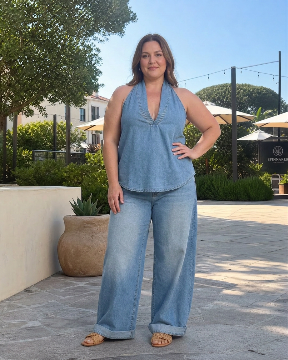 Zorelle | Halter Neck Denim Top And Wide Leg Pants Set - Plus size model