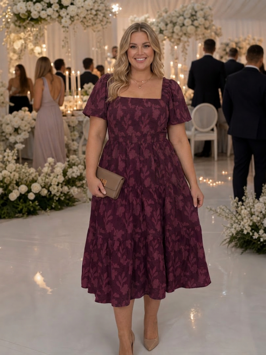 Elaria | Short Sleeve Textured Floral Detail Midi Dress - Plus size model