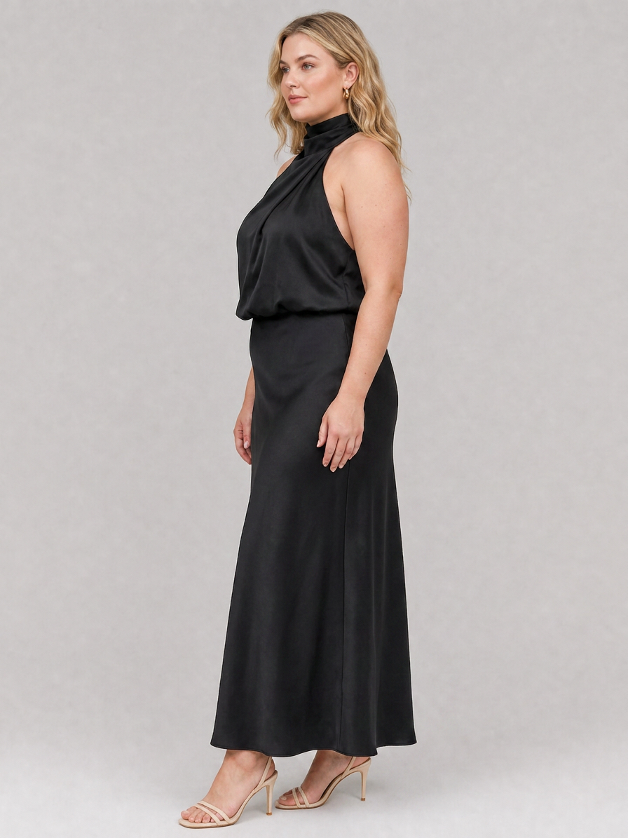 Nopal | Sleeveless Draped Neck Midi Dress - Plus size model