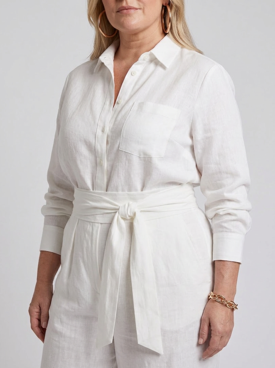 Jovie | Long Sleeve Button Front Wide Leg Jumpsuit - Plus size model