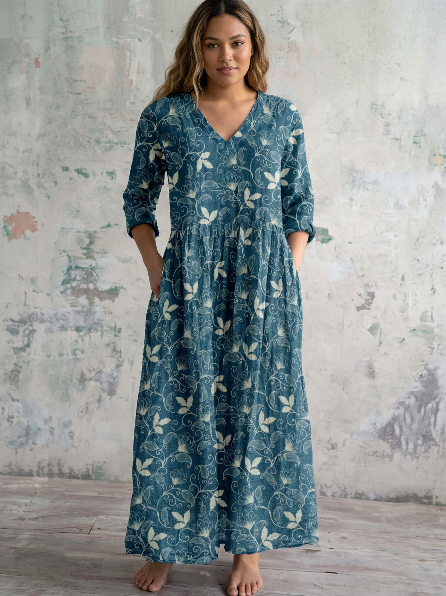 Marivelle | Blue Vine Maxi Dress - Plus size model