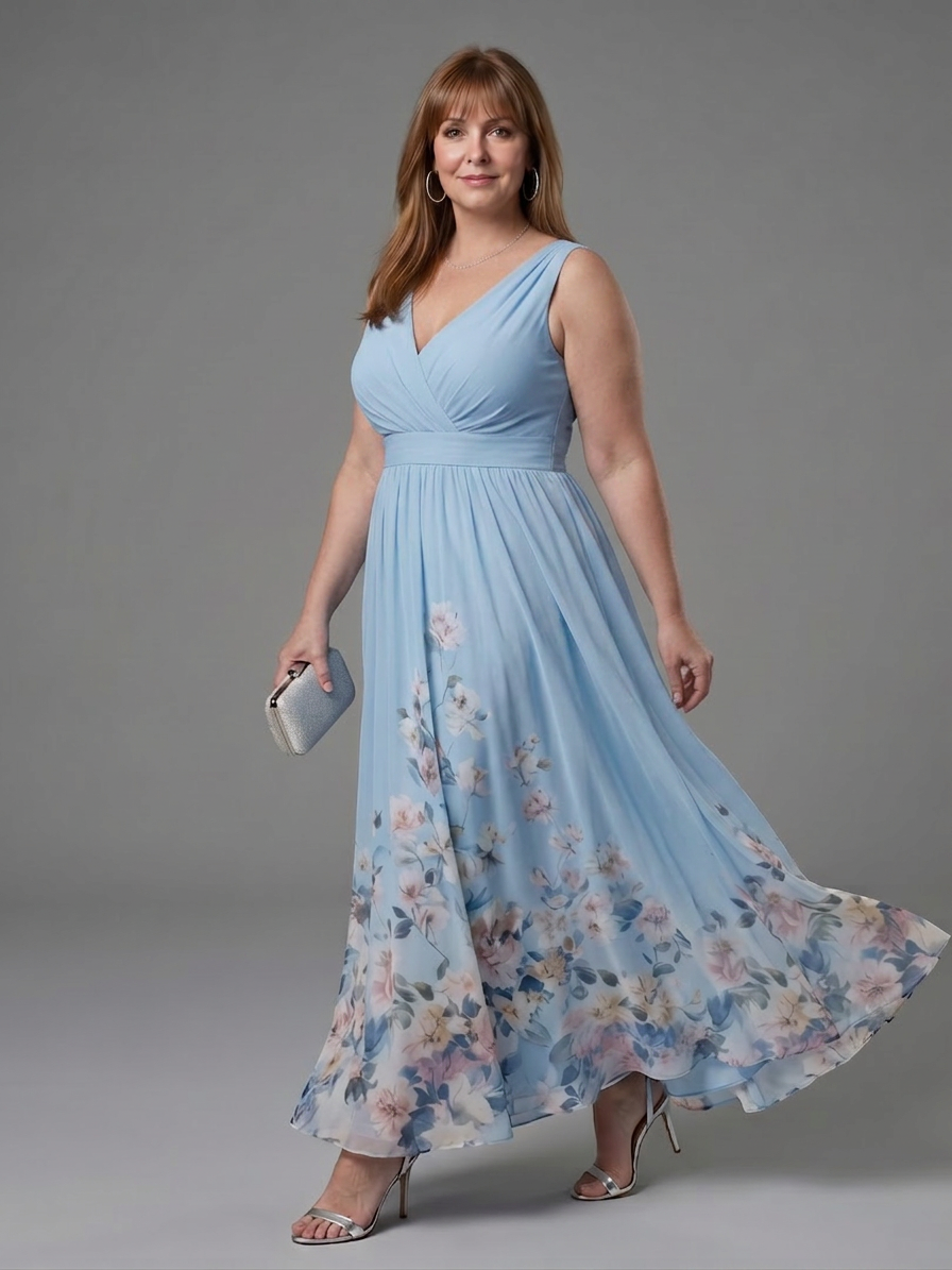 Clarissa | Sleeveless V Neck Soft Floral Hem Midi Dress - Plus size model