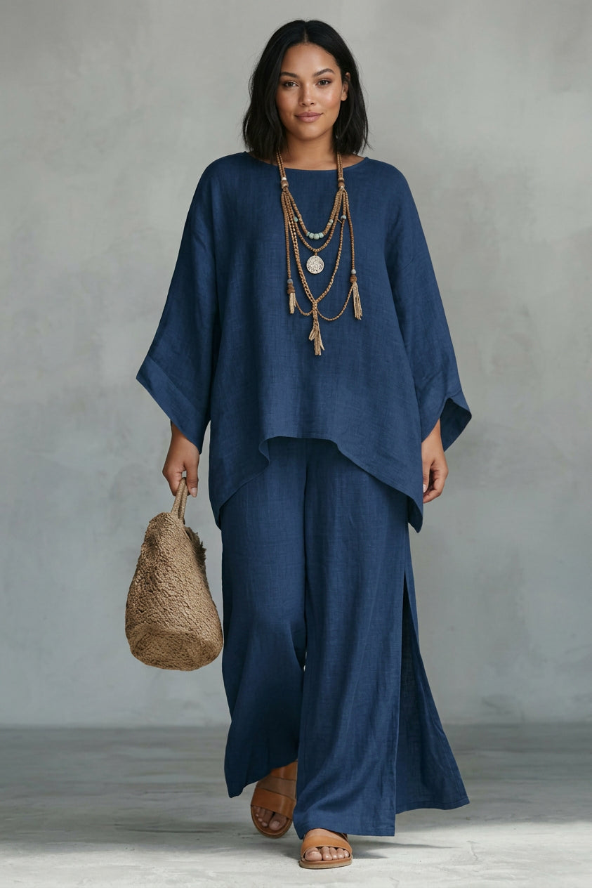 Briar - Linen-Style Oversized Top + Slit Wide-Leg Pants Set - Plus size model