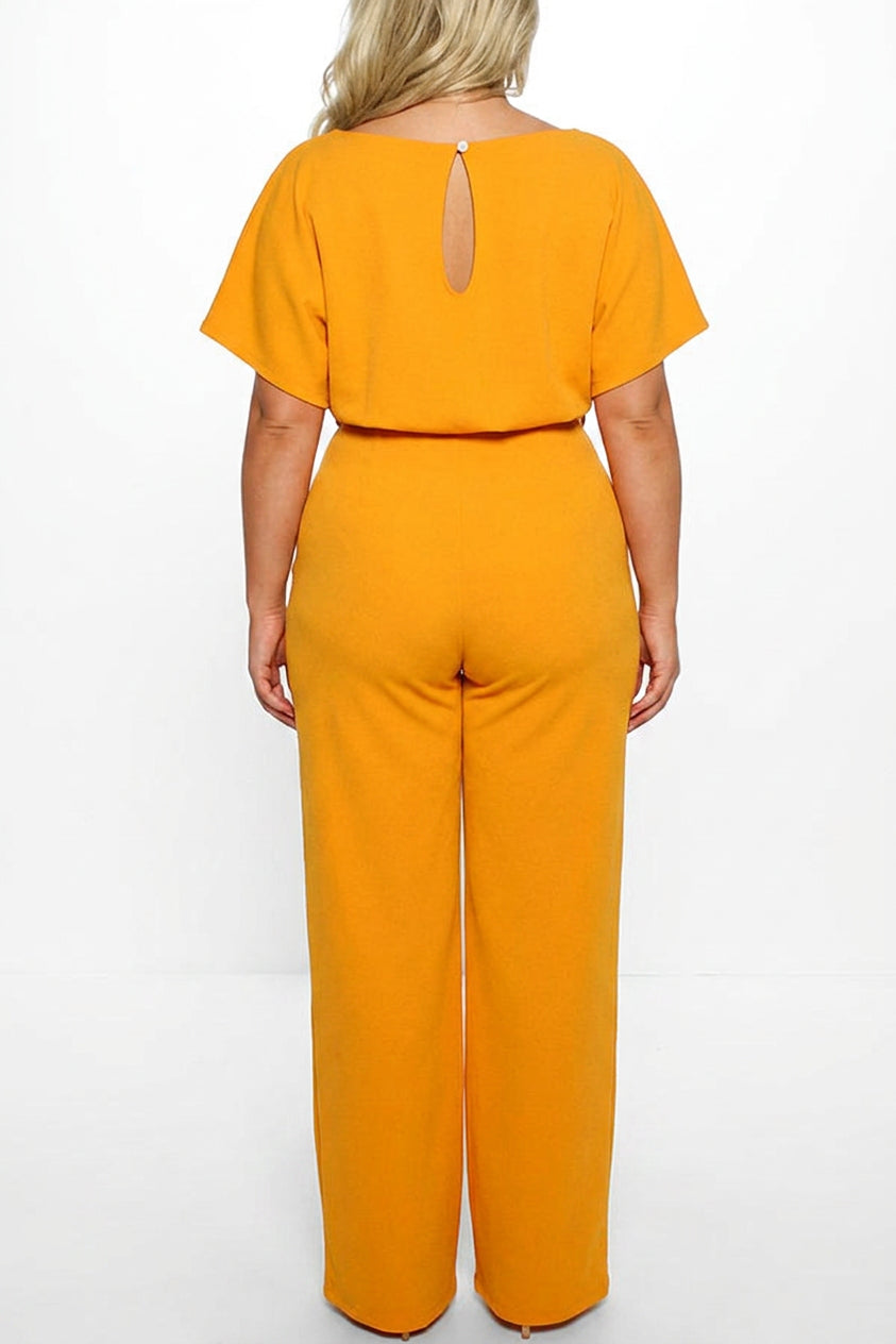 Delaney - Summer button tie short sleeved Jumpsuit - Plus size model
