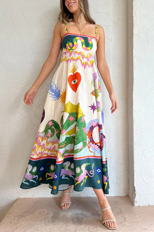 Kayla - Feel Effortlessly Linen Blend Unique Print Smocked Back Midi Dress