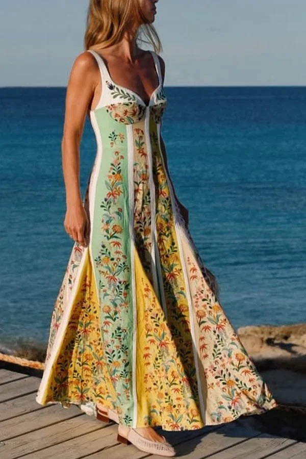 Andrea - Sweet Garden Linen Blend Color Block Floral Paneled Maxi Dress