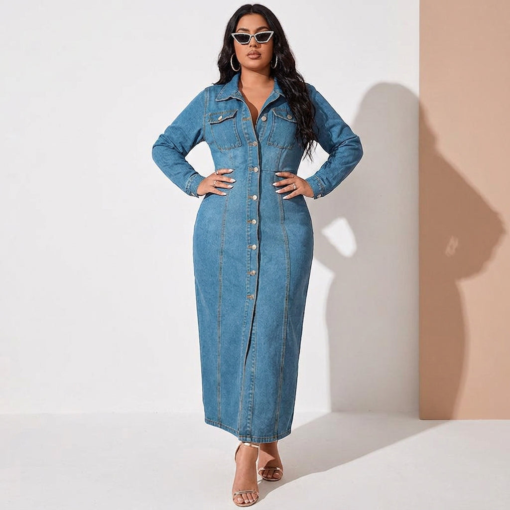 Sarah Denim Cardigan Dress - Plus size model