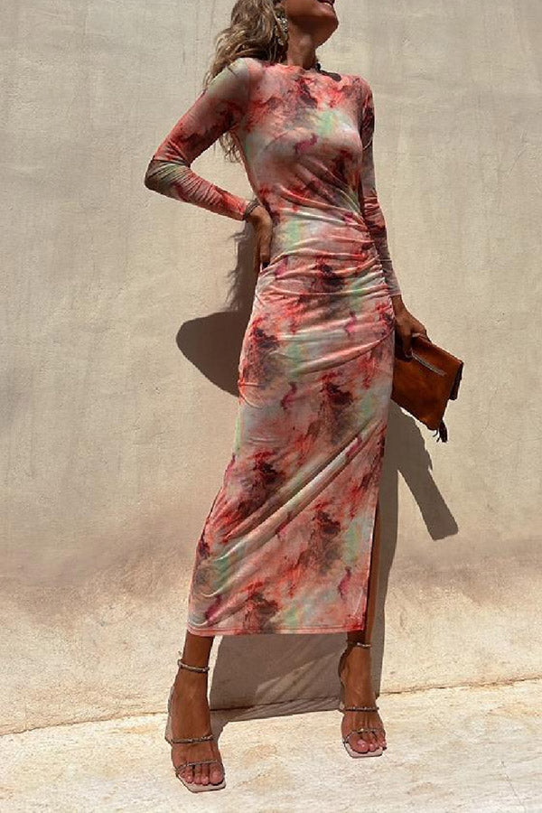 Jasmine - Charm Lady Mesh Overlay Tie Dye Print Long Sleeve Ruched Stretch Midi Dress