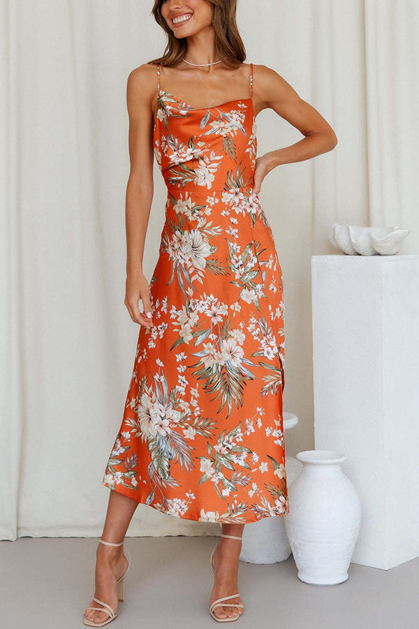 Destiny - Everything You Need Satin Floral Cowl Neck Slit Midi Dress
