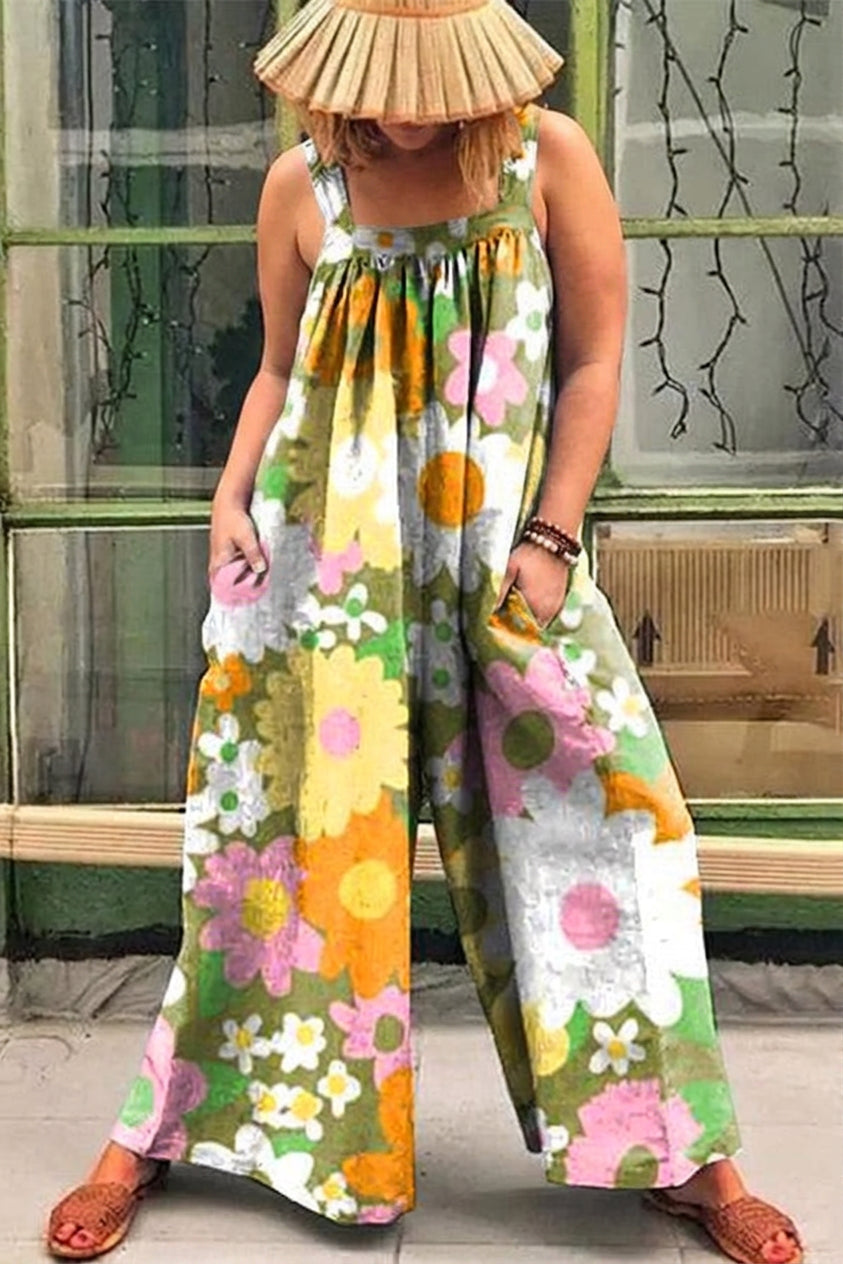 Nova - Loose Multicolor Sunny Flower Print Jumpsuit - Plus size model