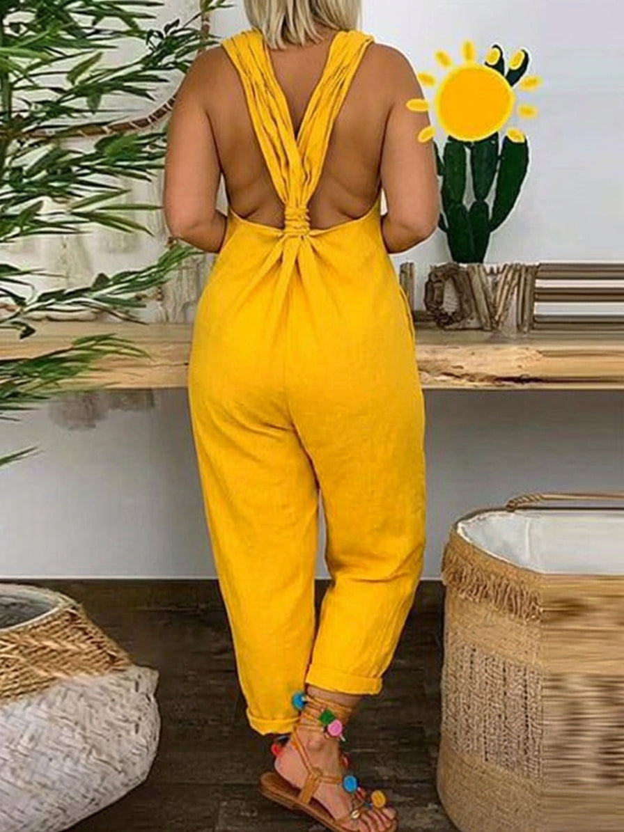 Carter - Solid Cross-back Cotton Linen Loose Jumpsuit - Plus size model