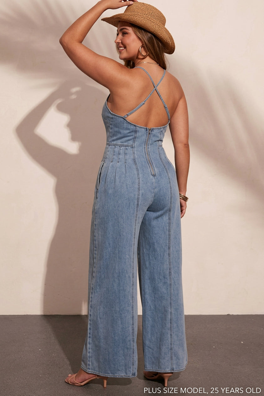 Alina - Vintage Washed Denim Halter Wide-Leg Jumpsuit - Plus size model
