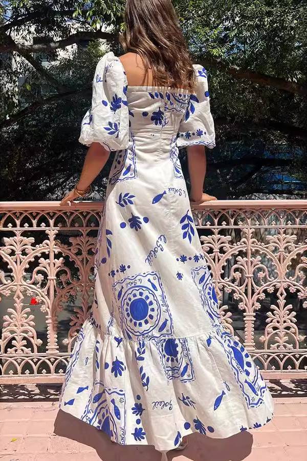 Melissa - Looking for Sunshine Floral Print Square Neck Bubble Sleeve Maxi Dress
