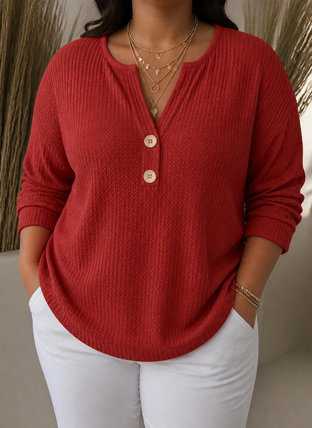Lucinda | Henley Button Top - Plus size model