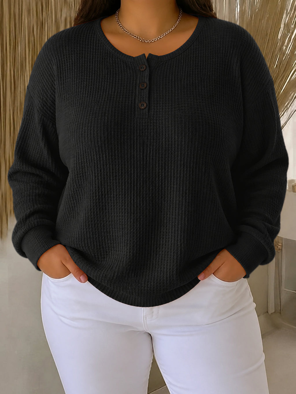 Mirabel | Cozy Waffle Henley Sweatshirt - Plus size model
