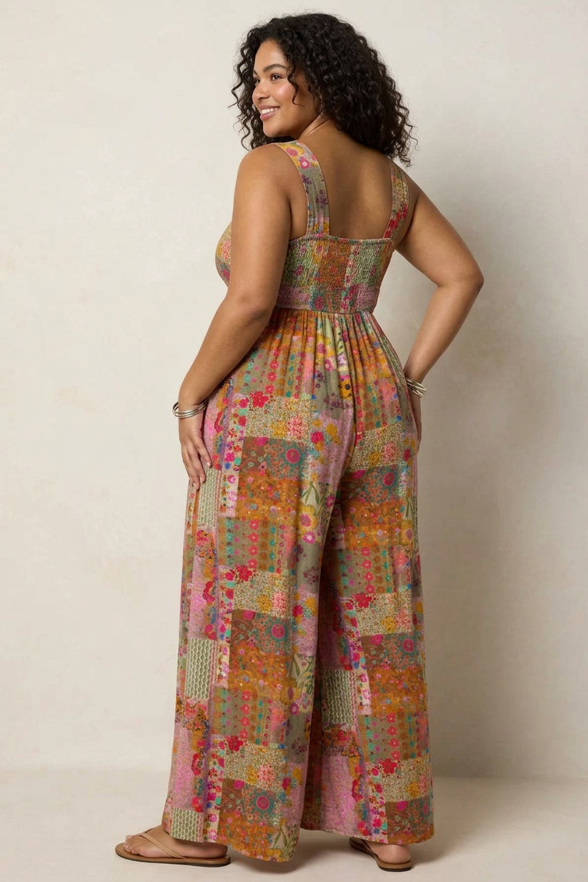 Remington - Boho Patchwork Floral Square-Neck Sleeveless Wide-Leg Jumpsuit - Plus size model