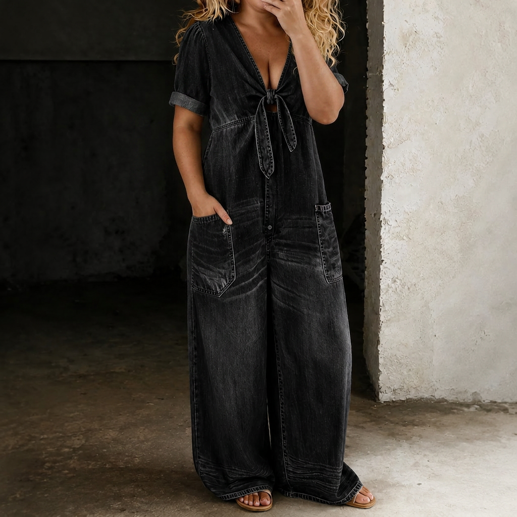 Maya | Wide Leg Denim Jumpsuit - Plus size model