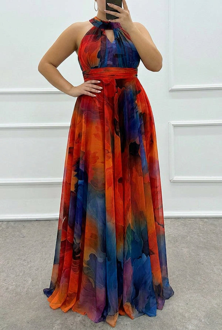 Elaine - Tulle maxi dress with floral print, cut-outs and halterneck - Plus size model