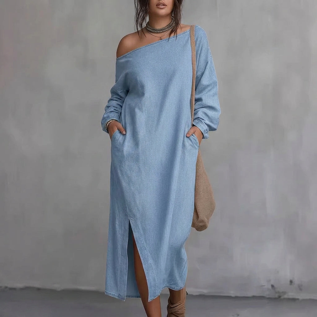 Selene Off-Shoulder Slit Dress: Modern Minimalist Elegance - Plus size model