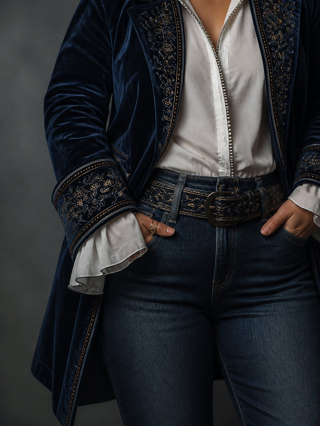 Women’s Vintage Navy Embroidered Longline Jacket - Plus size model