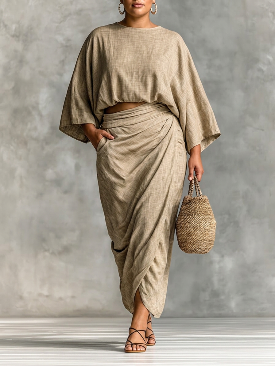 Two-piece set with long skirt and batwing sleeves - Plus size model