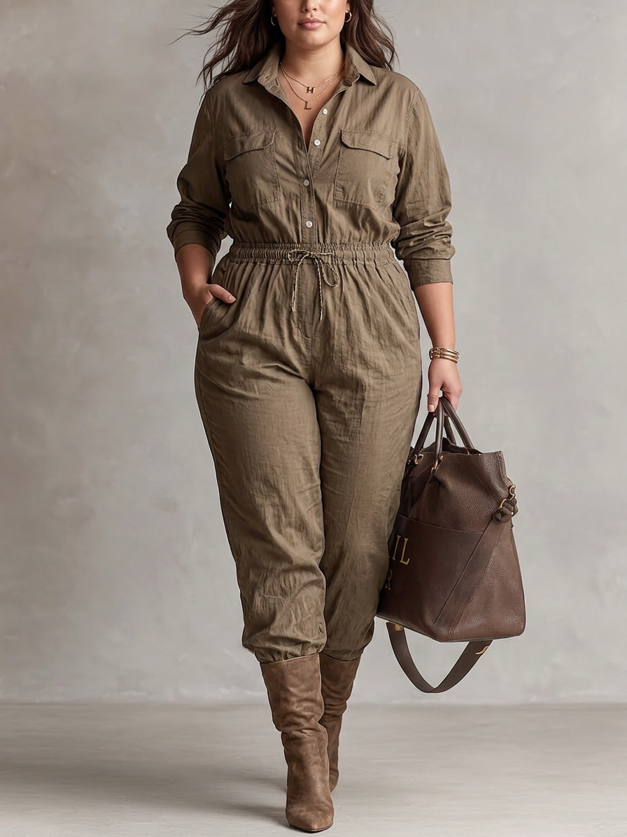 Ashley - Collar Button Jumpsuit - Plus size model