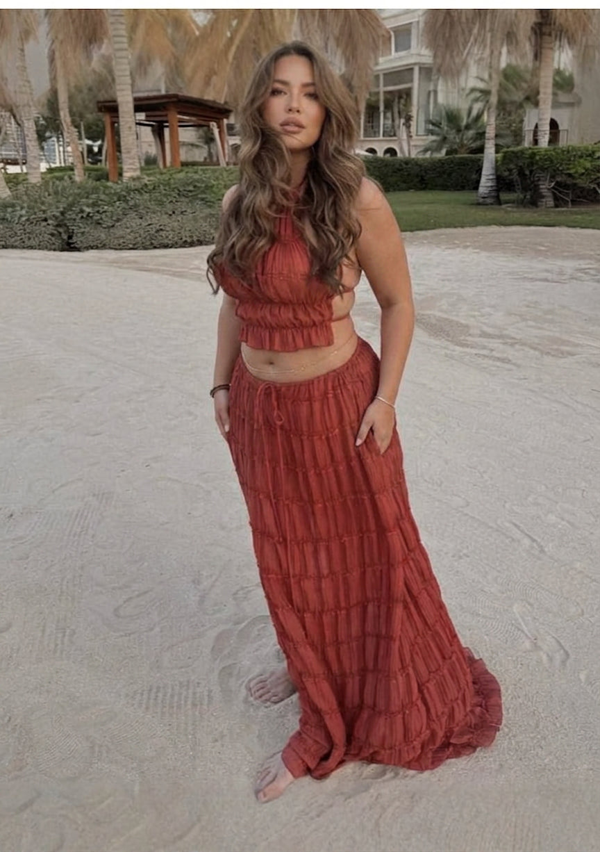 Marina | Ruched Halter Crop Top & Maxi Skirt Set - Plus size model