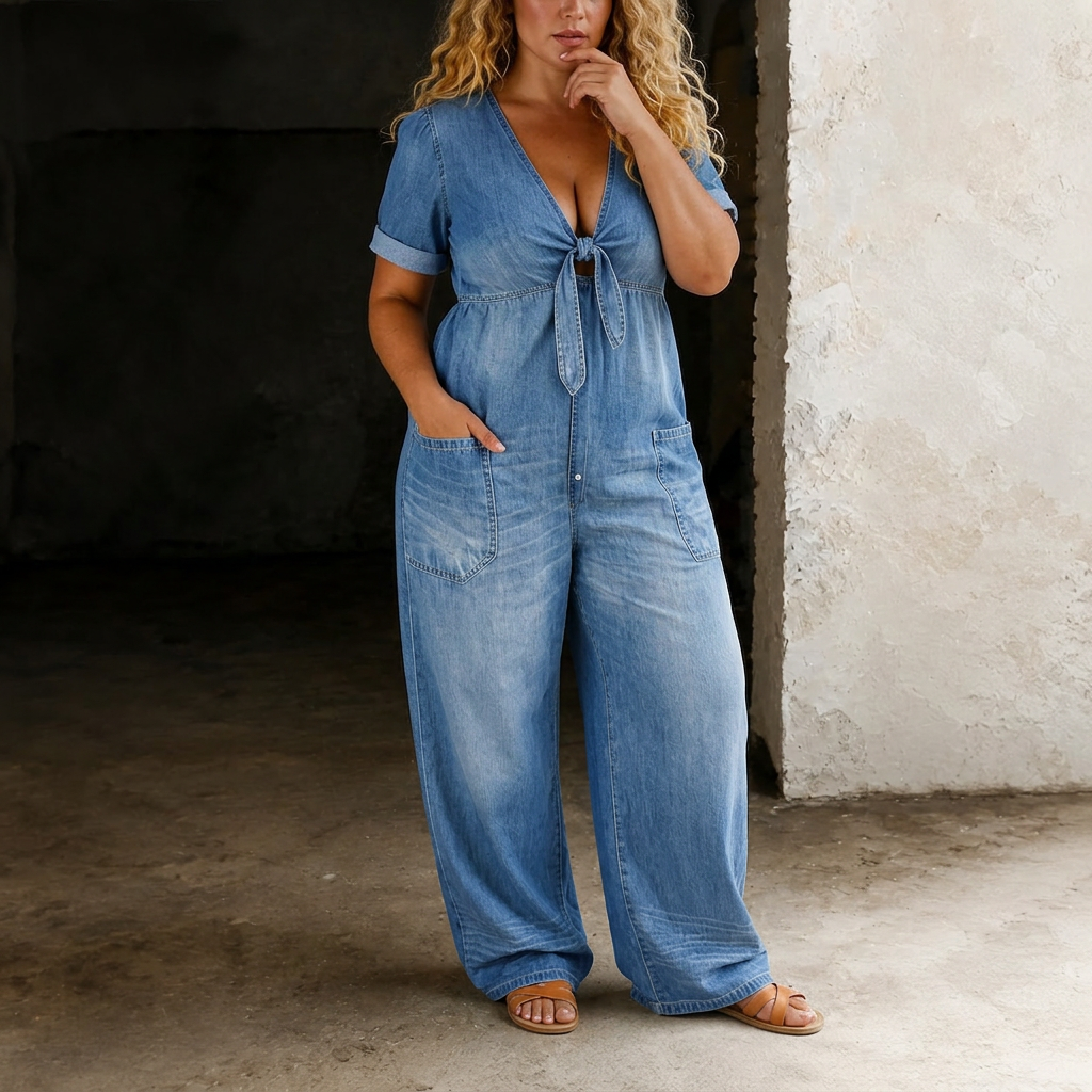Maya | Wide Leg Denim Jumpsuit - Plus size model