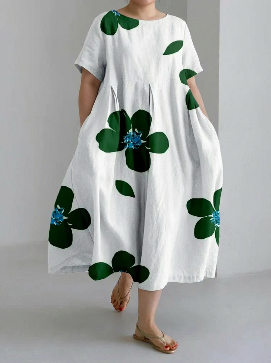 Women's spring and summer casual loose round neck floral skirt dress - Plus size model