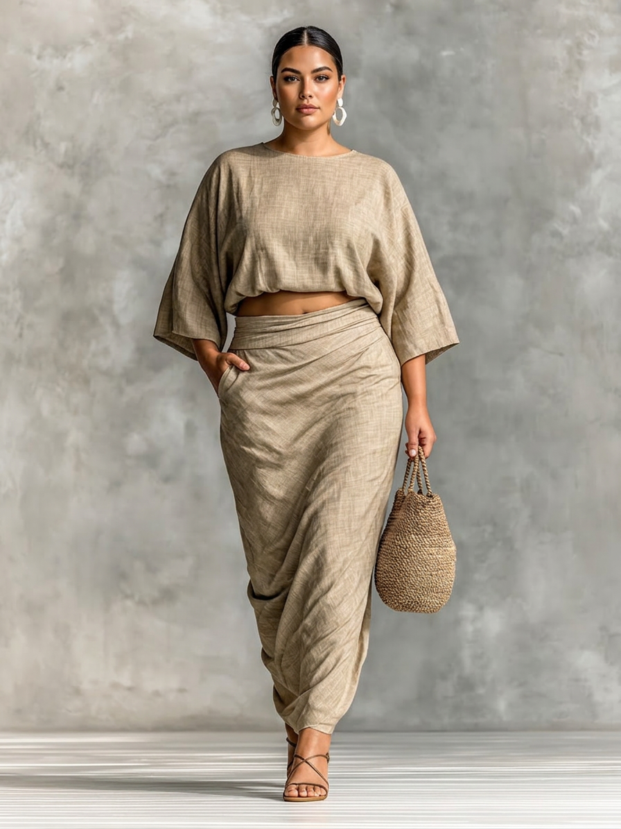Two-piece set with long skirt and batwing sleeves - Plus size model