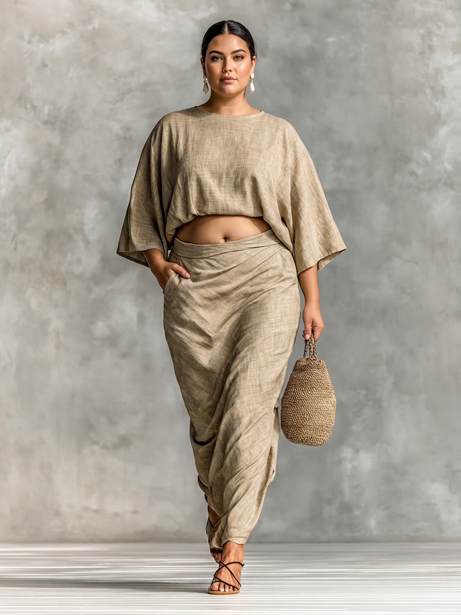 Leah - Linen Co-ord Set Elegant With Long Skirt - Plus size model