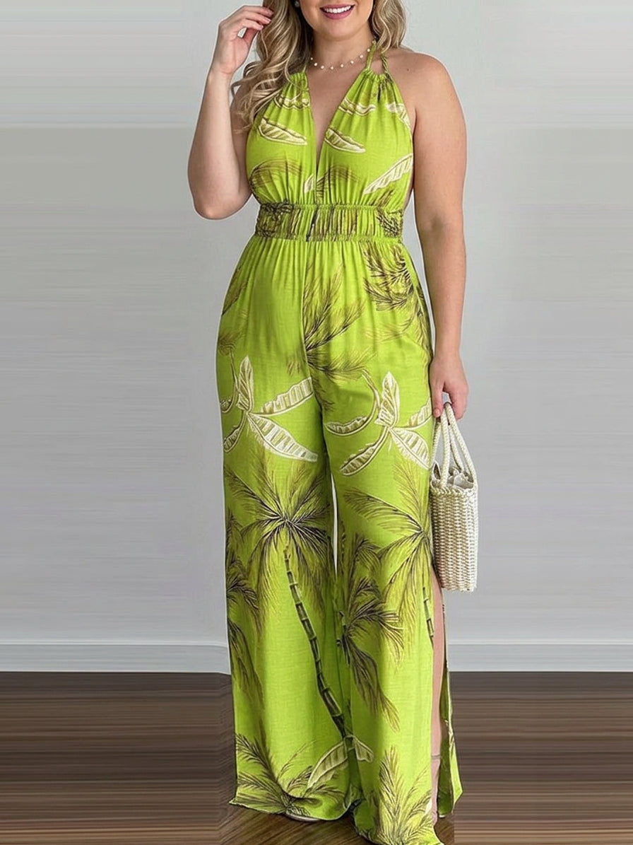 Everly - Sling Leaf Print Jumpsuit - Plus size model