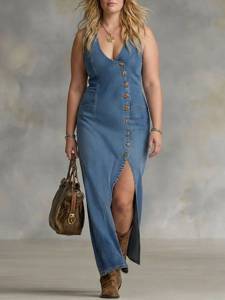 Amelia Sleeveless Denim Dress - Plus size model