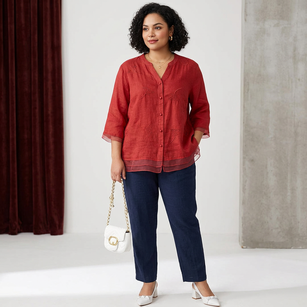 Moore - Pure Cotton Embroidered Elegant Top - Plus size model
