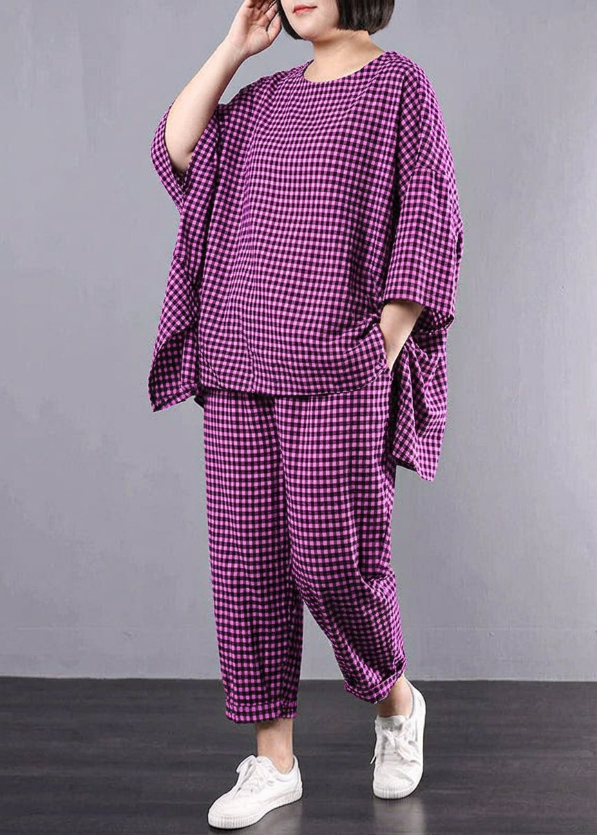 Penelope - Casual Plus Size Cotton Linen red Plaid Vintage Blouse And Pants - Plus size model