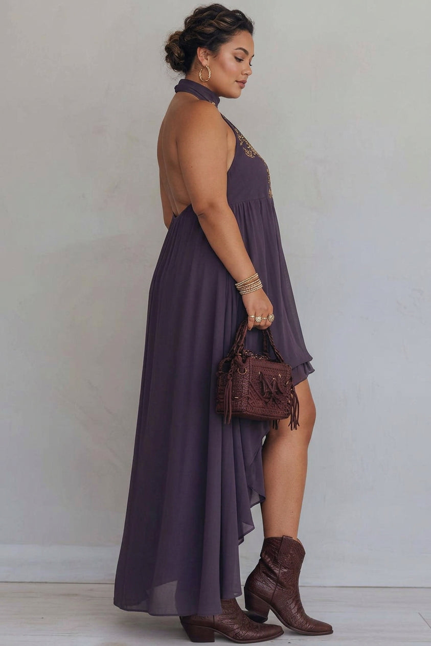 Callie - Boho Deep Purple Halter Embroidered Asymmetrical Dress - Plus size model