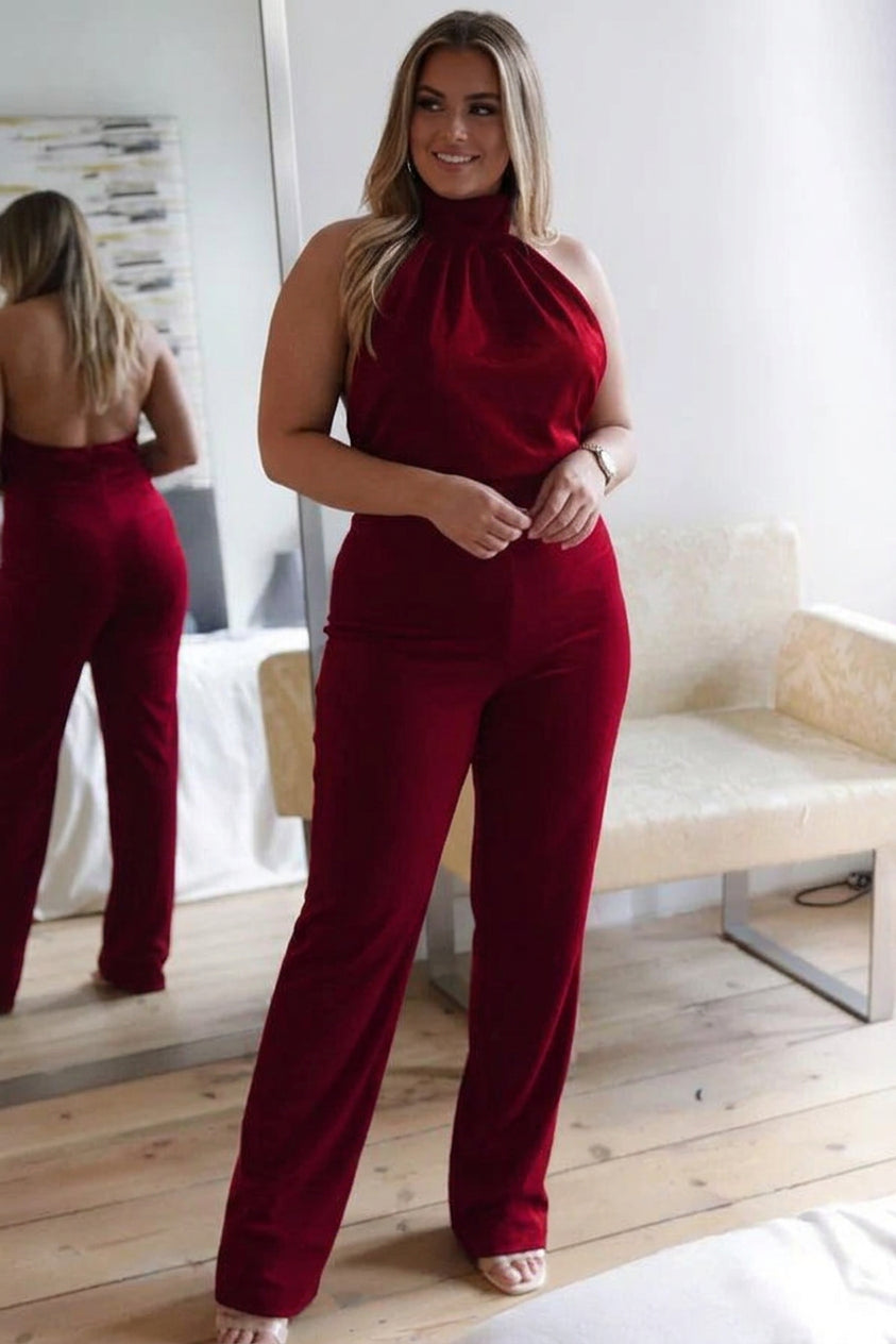 Rowan - Thriving All Night Satin Halter Neck Jumpsuit - Plus size model