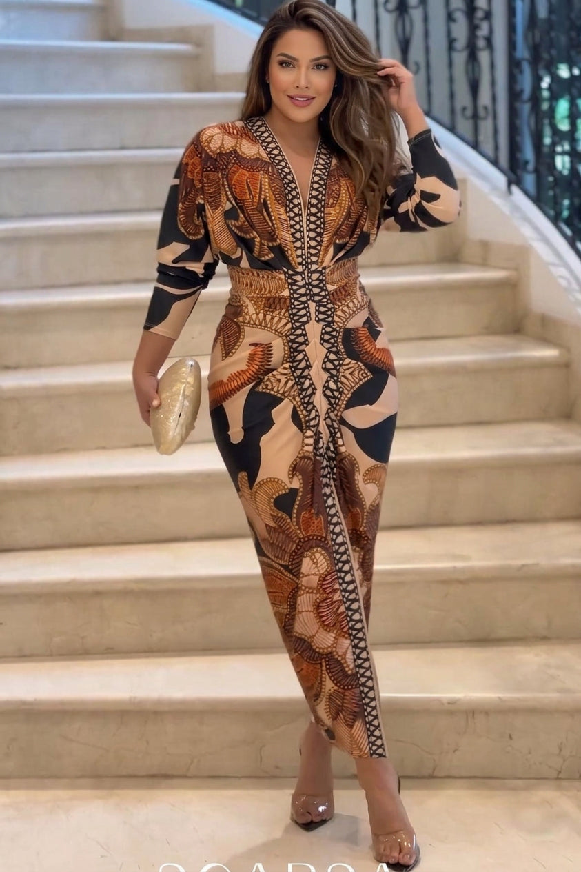 Eva | Sun Escape Unique Print Dolman Midi Dress - Plus size model