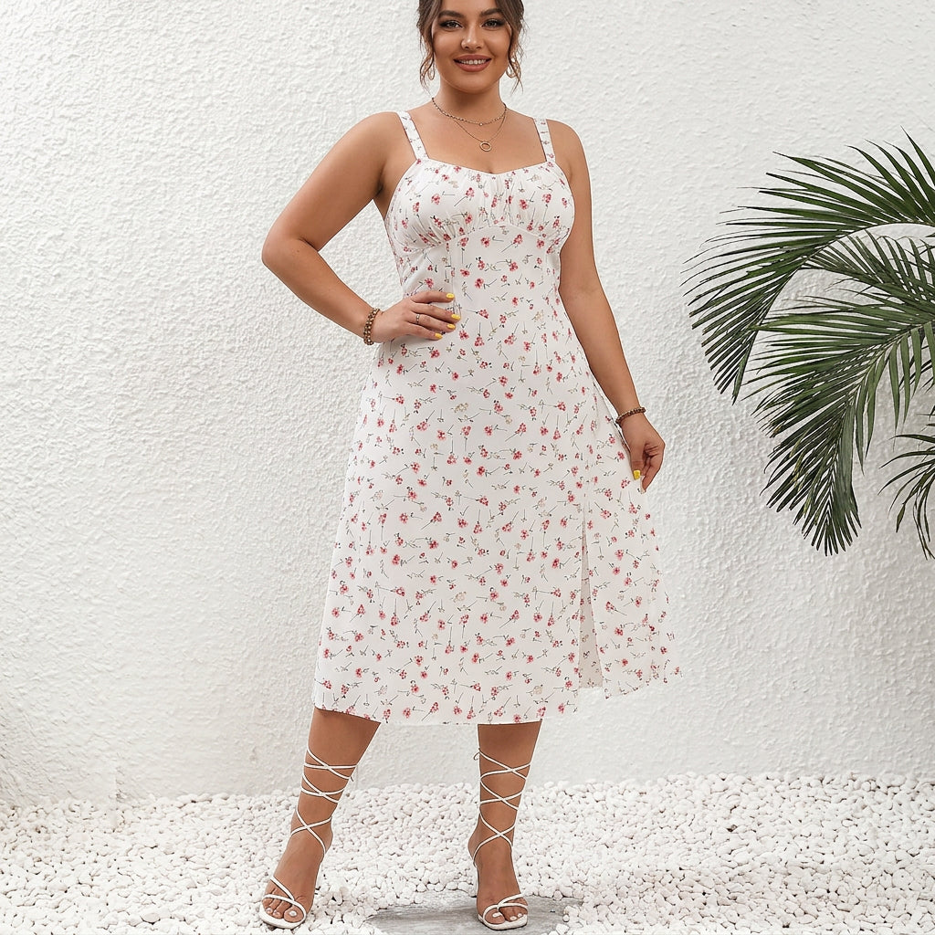 Grace | Polka Dot Side Slit Midi Dress - Plus size model