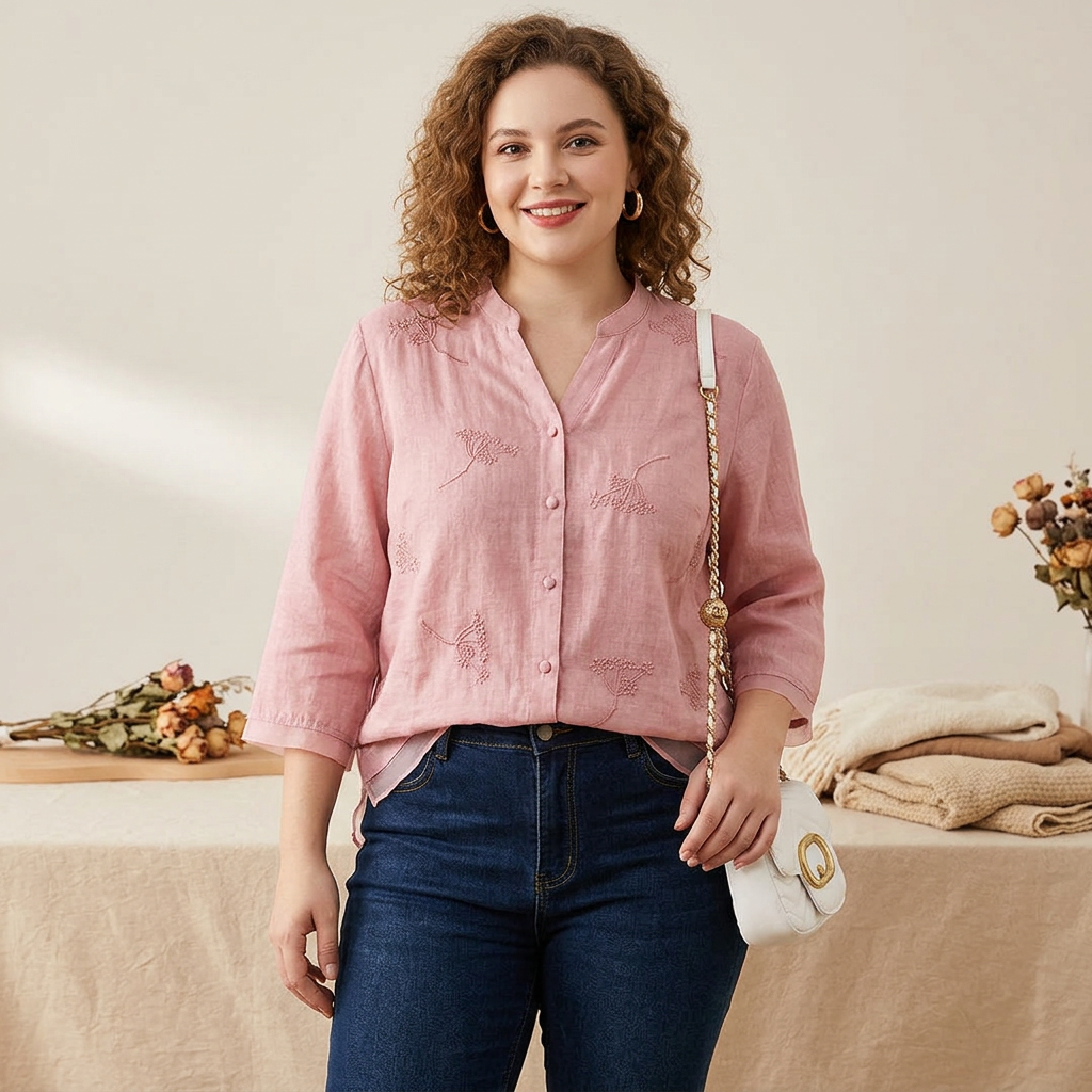 Moore - Pure Cotton Embroidered Elegant Top - Plus size model