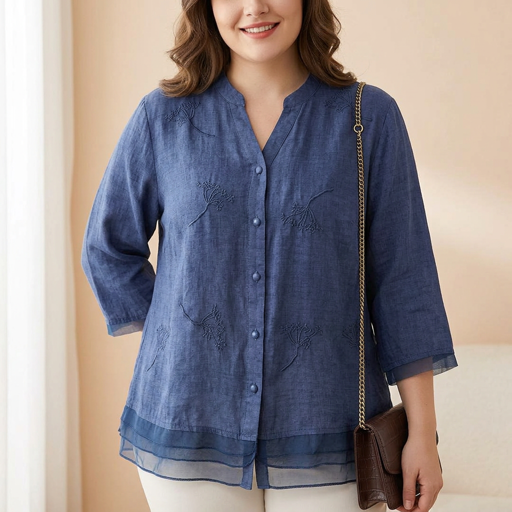 Moore - Pure Cotton Embroidered Elegant Top - Plus size model