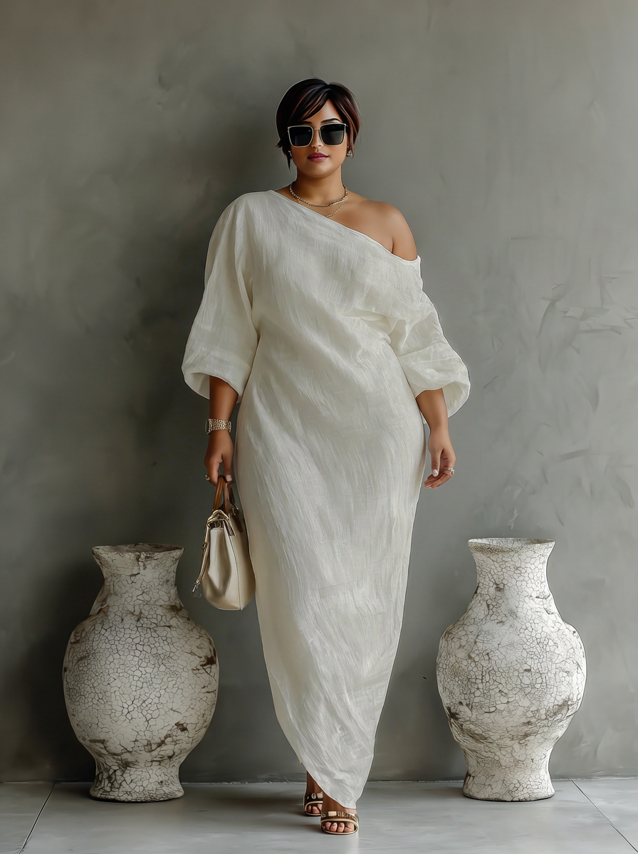 Elegant Flowing Dress in Ivory White with Off-Shoulder - Plus size model
