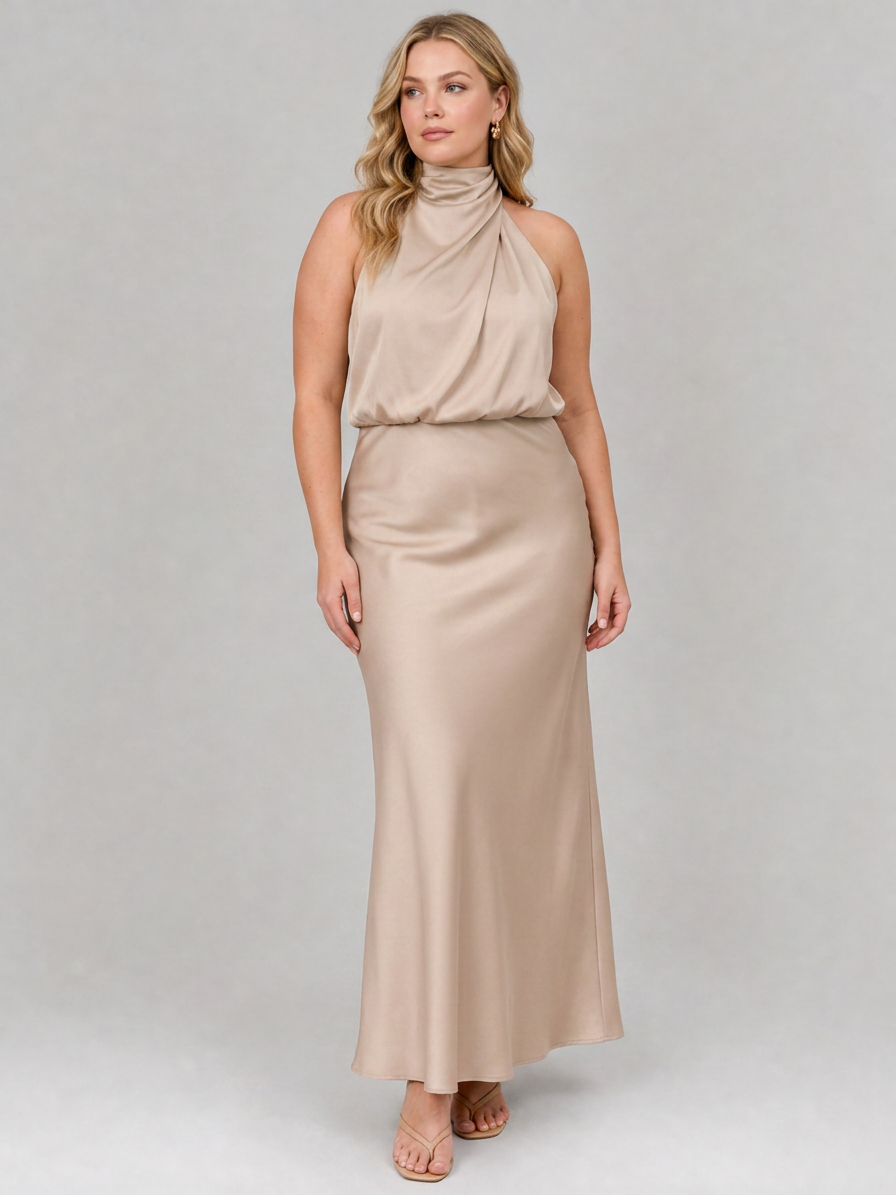 Nopal | Sleeveless Draped Neck Midi Dress - Plus size model
