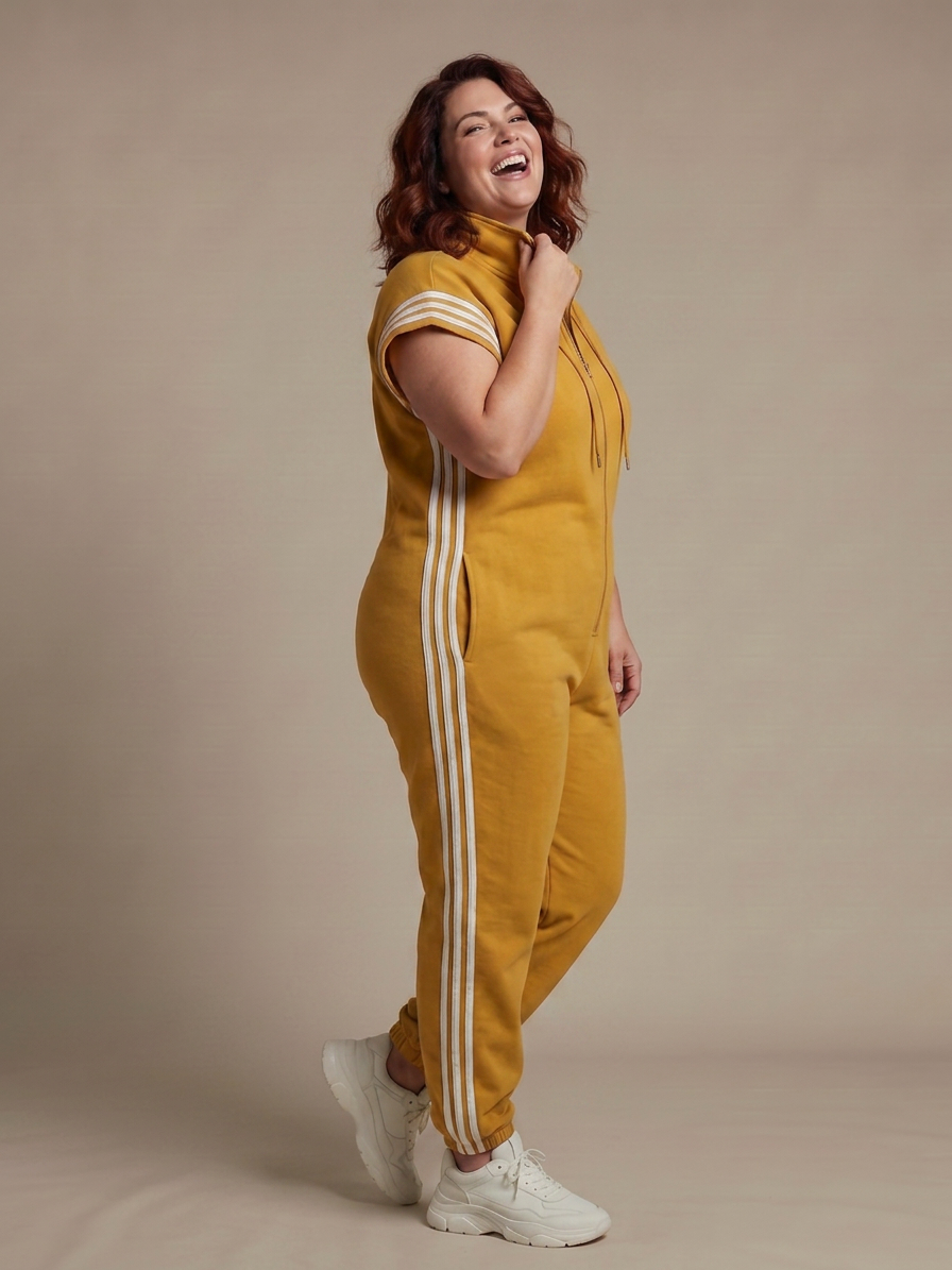 Lark | Zip Front Stripe Panel Jumpsuit - Plus size model