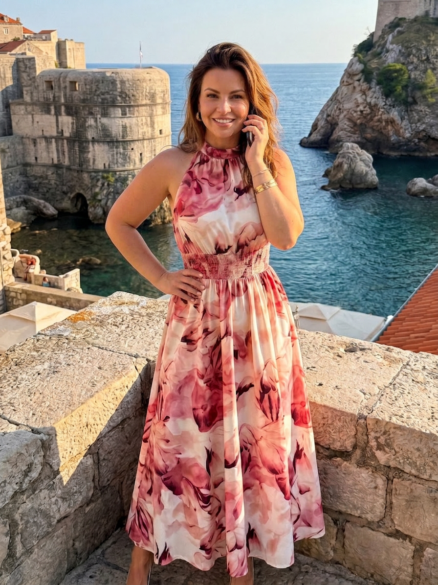 Olivia | Gathered Waist Abstract Print Midi Dress - Plus size model